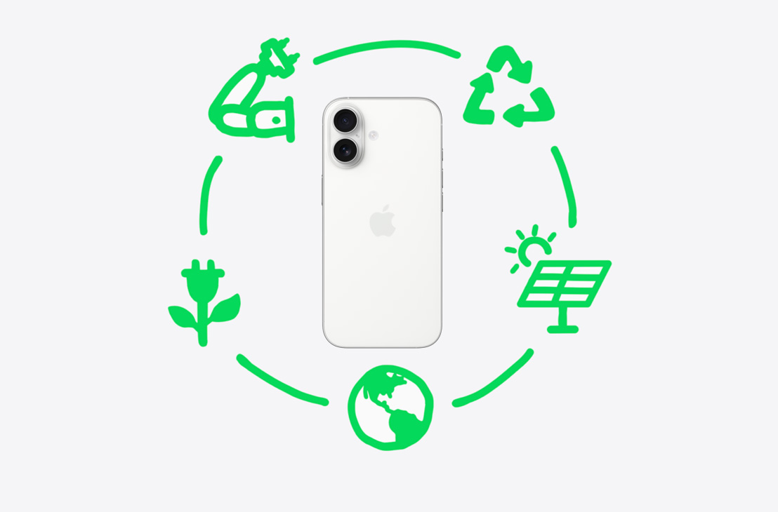 Ilustración que muestra los pasos que sigue Apple para reciclar y reutilizar materiales, incluidos el diseño y las materias primas, la fabricación, el empaque y envío, el uso y la recuperación, que forman un círculo alrededor de un iPhone 17 blanco, parte posterior.
