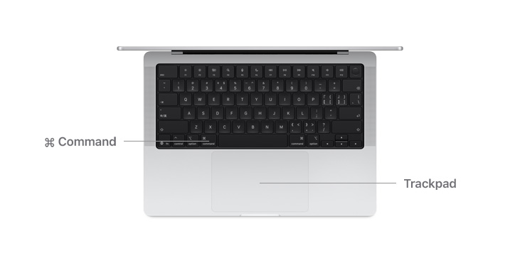Top view of MacBook Pro 14" with lines indicating where the Command key button and trackpad are.