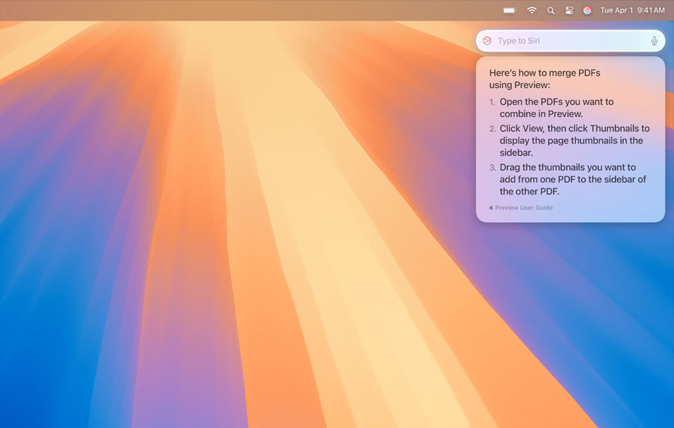 Text pop-up from Siri with information user was seeking about merging multiple PDFs.