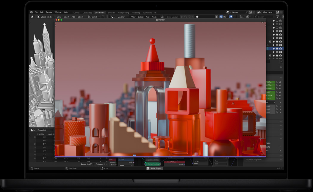 Екран на MacBook Pro с Blender, който се използва за 3D анимация