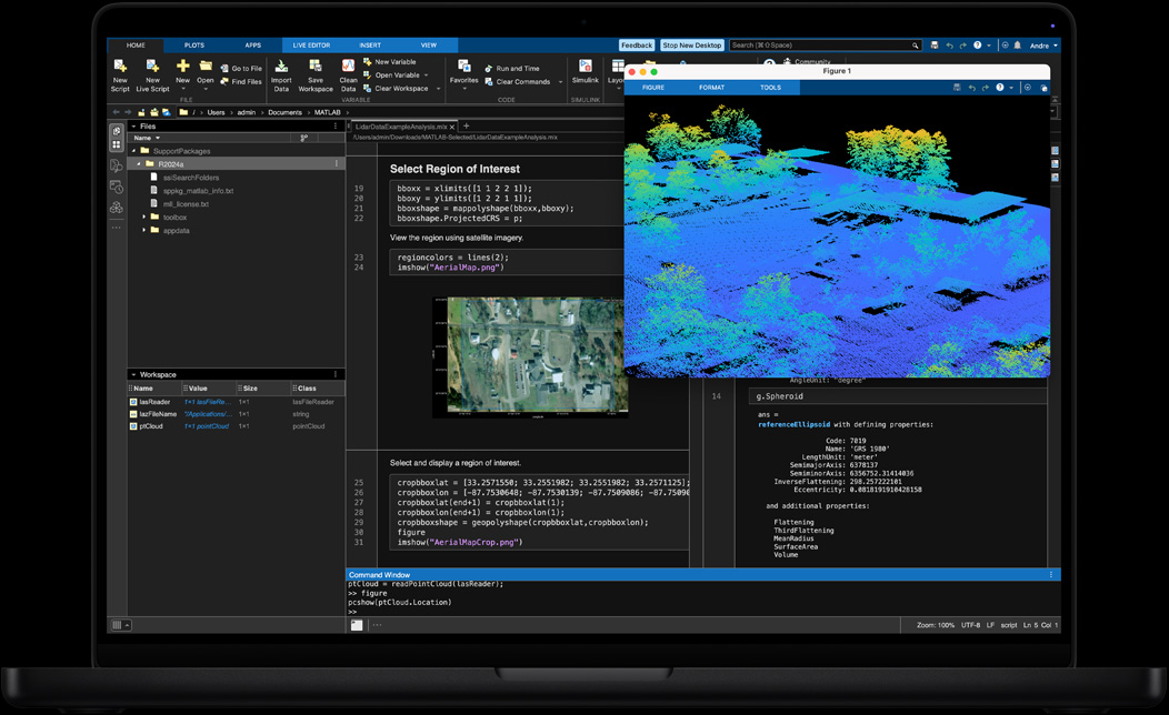 Екран на MacBook Pro с MATLAB, който се използва за обработка и визуализация на геопространствени данни