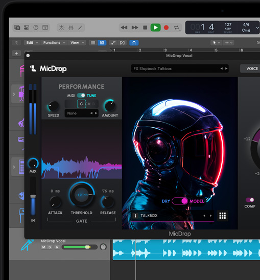 Екран на MacBook Pro демонстрира MicDrop плъгина с AI функции за обработка на вокален запис в Logic Pro