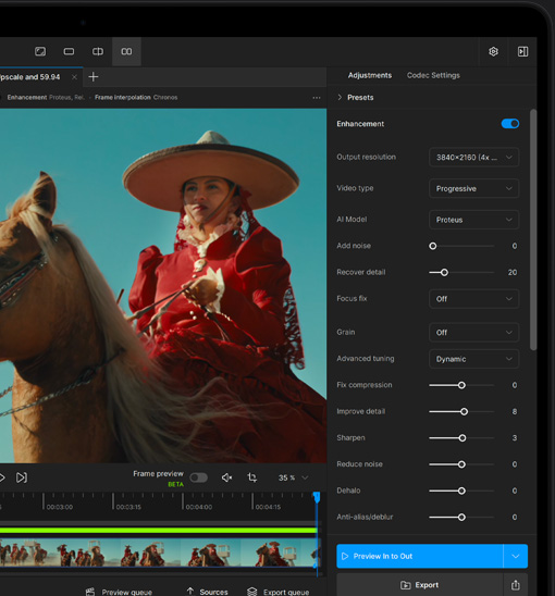 MacBook Pro екран с видео, което се обработва с AI в Topaz Video