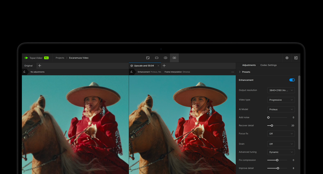 MacBook Pro екран с видео, обработваано с AI в Topaz Video