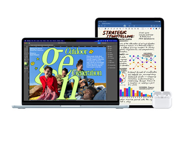 MacBook Pro, AirPods et iPad placés côte à côte