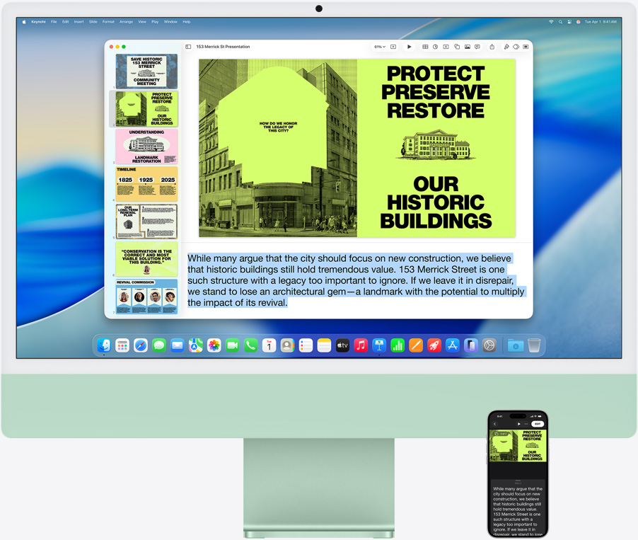 Un iMac y un iPhone 16 Plus, la app Keynote abierta en el iMac, la diapositiva y las notas aparecen en el iPhone