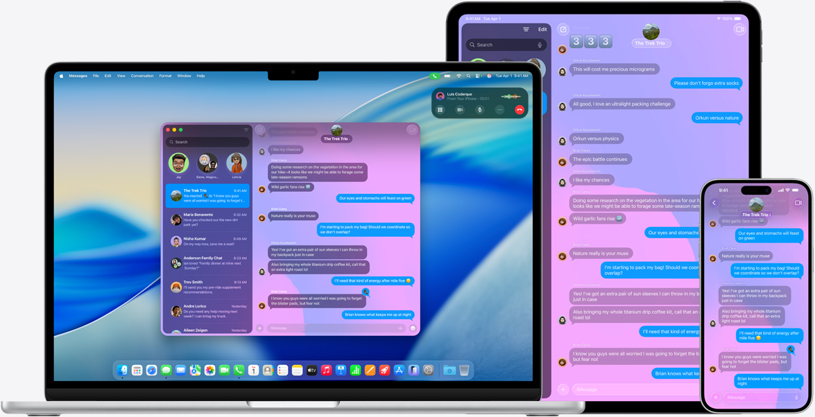 Productos Apple: un MacBook Air de 15 pulgadas, un iPad Pro de 13 pulgadas y un iPhone 16 Plus, la misma conversación de iMessage en la pantalla de cada dispositivo