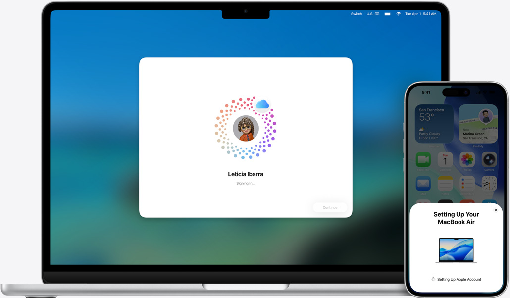Un MacBook Air de 13 pulgadas y un iPhone 16 Plus, se está instalando macOS en el MacBook, la pantalla del iPhone muestra las indicaciones de configuración