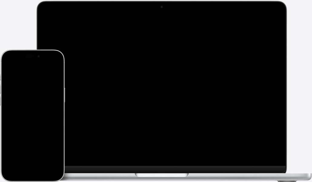 Un iPhone 16 Plus con texto resaltado en la app Notas, un Macbook Air de 13 pulgadas con una diapositiva de Keynote abierta, el texto de la app Notas aparece en la diapositiva
