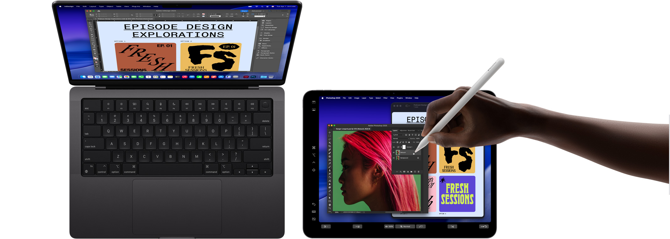 Un MacBook Pro de 14 pulgadas, un iPad Pro de 13 pulgadas que se está usando para ampliar la pantalla del MacBook, una mano usando un Apple Pencil para manipular la imagen en el iPad