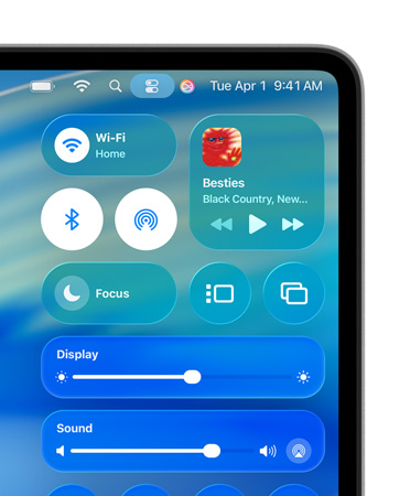 Phía bên phải của màn hình máy Mac hiển thị các nút điều khiển tùy chỉnh dạng Liquid Glass, chẳng hạn như Wi-Fi và Bluetooth, trong Trung Tâm Điều Khiển