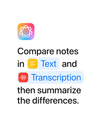 Vergleiche Notizen in Text und Transkription und fasse dann die Unterschiede zusammen, wobei die Wörter „Text“ und „Transkription“ blau hervorgehoben sind, wie sie in der Kurzbefehle App erscheinen würden