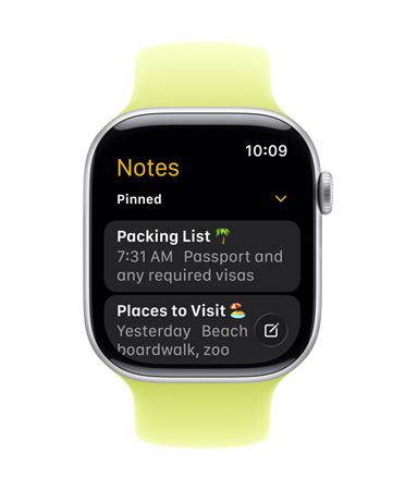 Apple Watch in Silver with braided band in Peony, face shows Notes app, with two Pinned notes