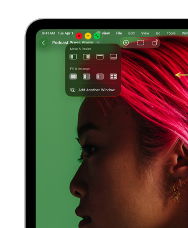Boutons de fenêtre, avec le bouton rouge pour fermer, le jaune pour réduire et le vert pour agrandir, ainsi que des options permettant de déplacer, de redimensionner ou d’organiser vos fenêtres