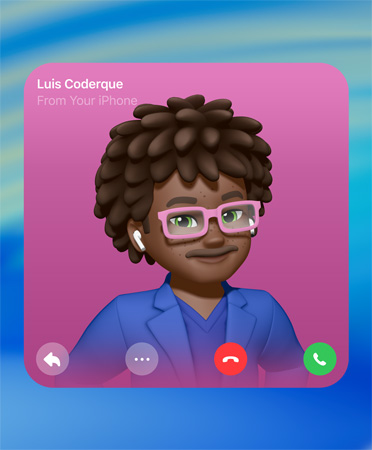 Póster de Contacto en FaceTime, Genmoji en el centro, el nombre de una persona aparece en la esquina superior izquierda, hay íconos para responder, más opciones, colgar y atender en la parte inferior