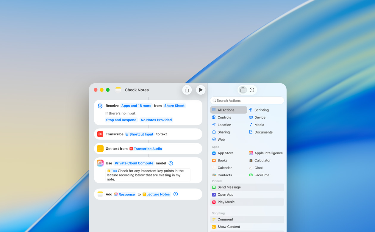 Primer plano de una persona creando un atajo con la acción Usar un modelo en la app Notas
