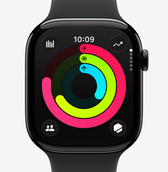 Apple Watch Series 11, aluminum case, polished Jet Black color, Activity rings: Move, Exercise, Stand