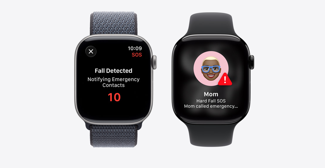 Apple Watch Series 11, notis från kraschdetektering, knappen för nödsamtal, i den andra notisen står det: mamma har ramlat och ringt larmcentralen