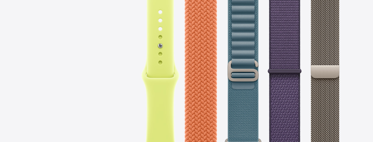 Armband till Apple Watch: sportband i neongult, flätad sololoop i färgen gurkmeja, bergsloop i ljusblått, sportloop i färgen purpurdimma, milanesisk loop i naturlig finish