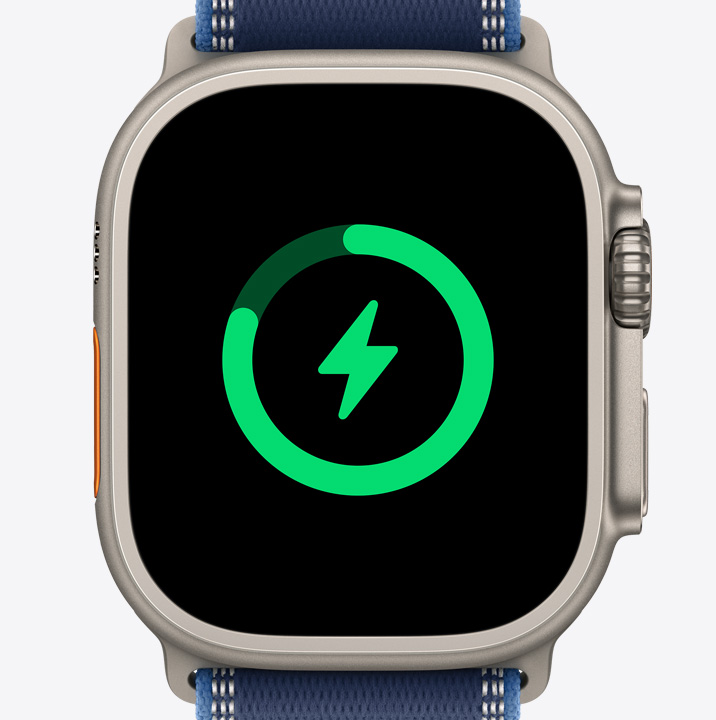 Apple Watch Ultra 3, titanium case, natural color, battery charging icon, Trail Loop, blue/bright blue color