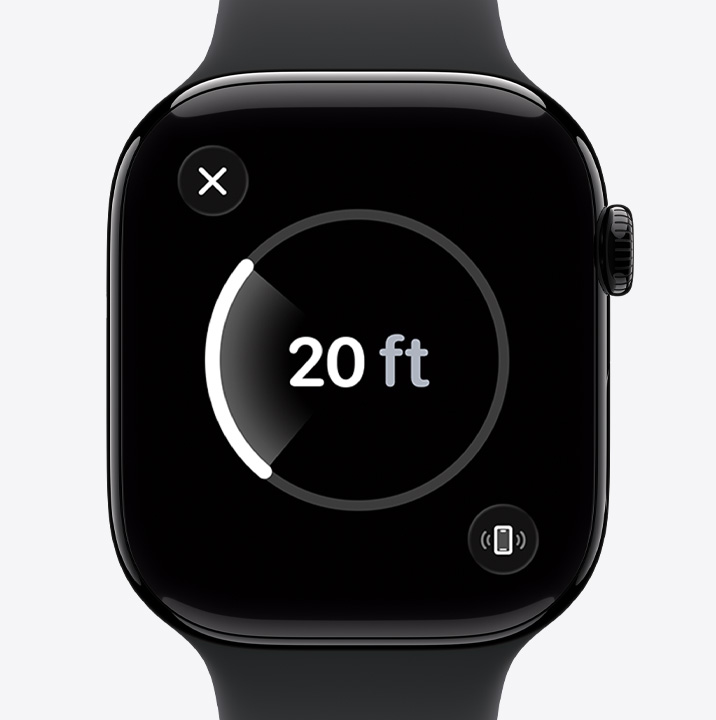Apple Watch Series 11, aluminum case, polished jet black color, Precision Finding screen, estimated distance to lost phone, Sport Band, black color