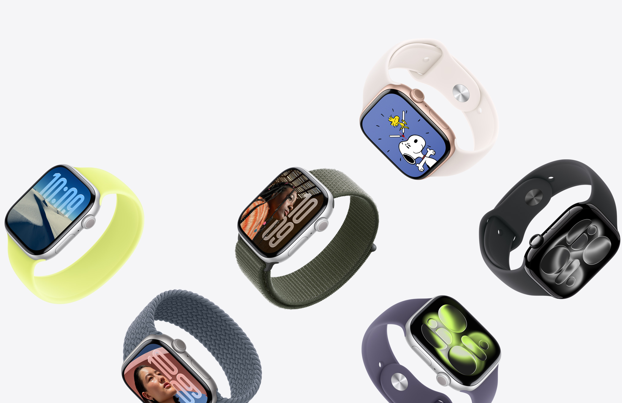 Apple Watch devices, various case materials, colors, and bands