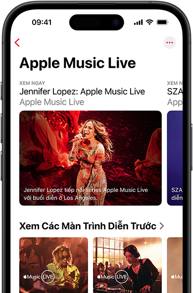 Màn hình Apple Music Live trên iPhone hiển thị Xem Ngay, các buổi biểu diễn đã diễn ra và nội dung độc quyền như 100 Album Hay Nhất Trên Apple Music