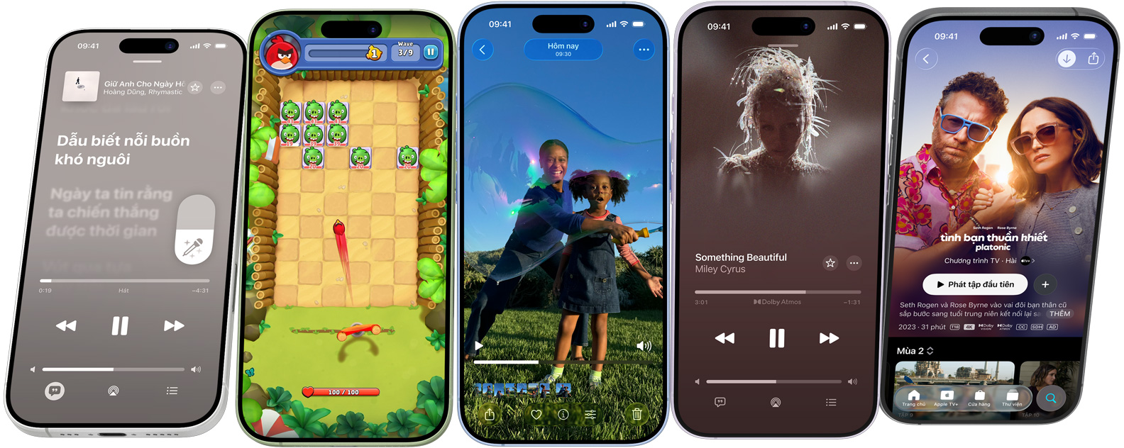 iPhone 17 devices spinning end over end, stopping on screens showing iPhone features