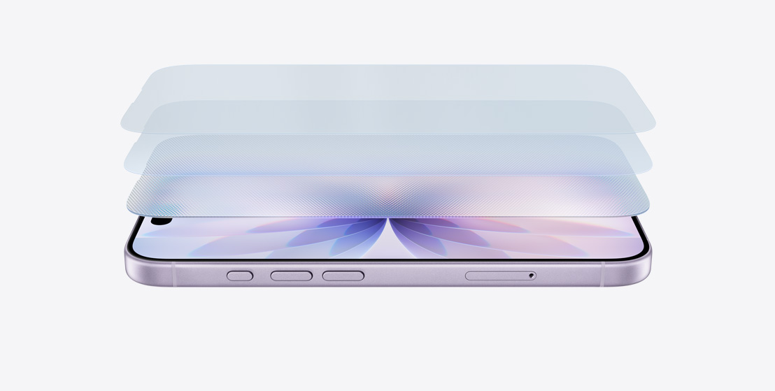iPhone 17 màu Tím Oải Hương nằm ngang, với thiết kế phân lớp cho thấy vật liệu Ceramic Shield 2